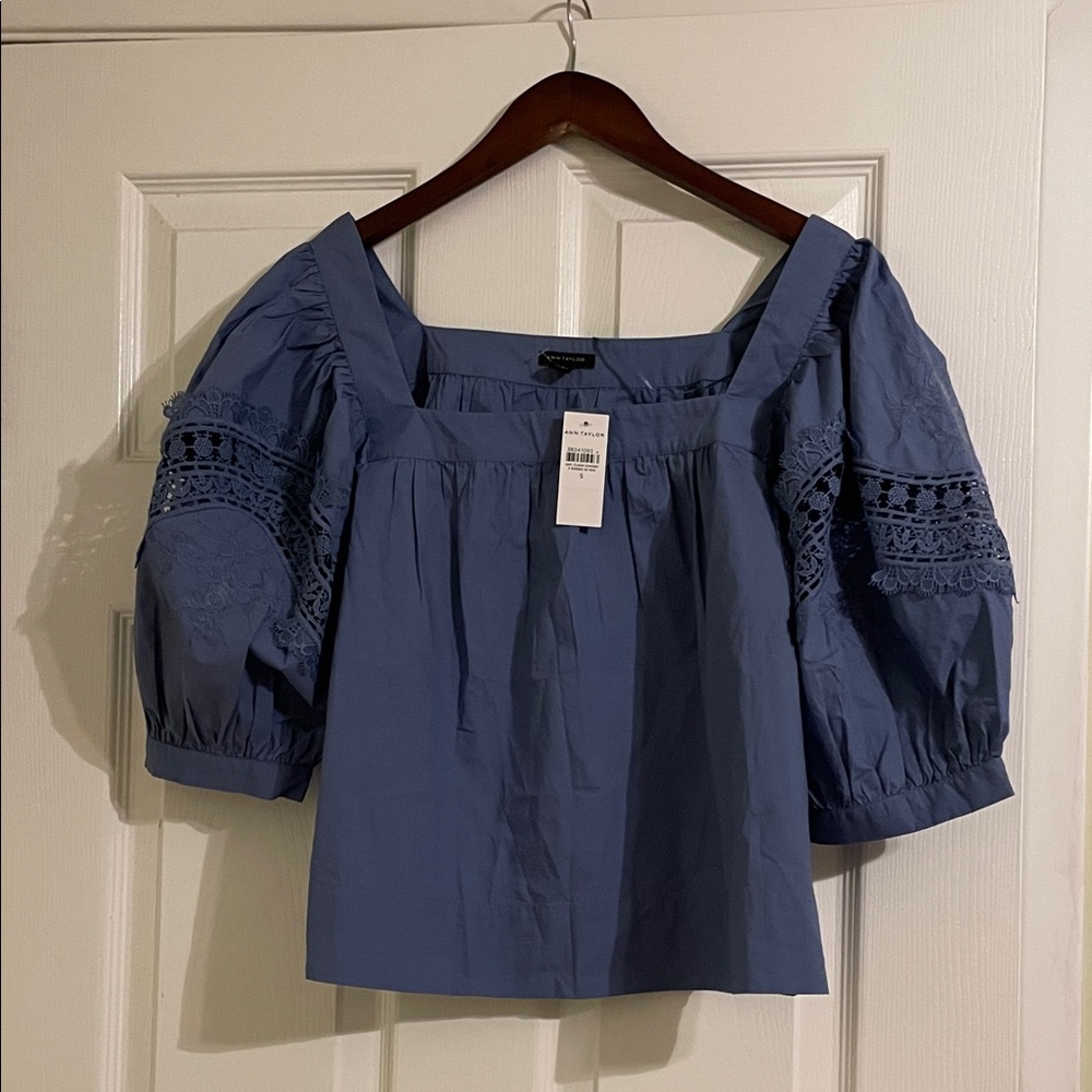 Ann Taylor Blue Blouse with Lace Accents